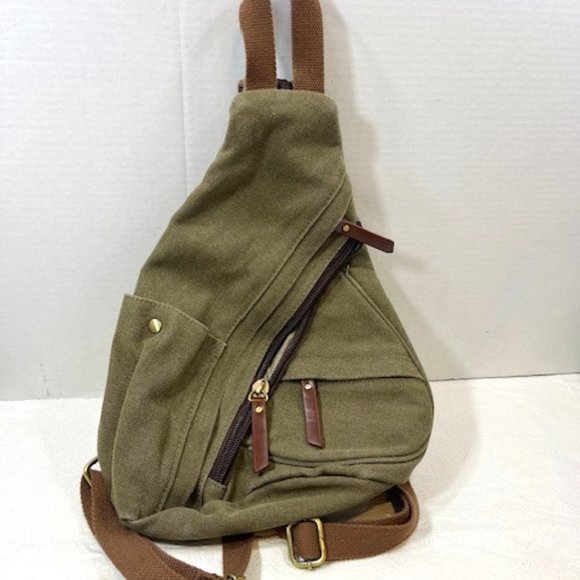 Olive Green Canvas Cotton Sling Bag Backpack Casual Daypack Rucksack Chest Bag main image 5
